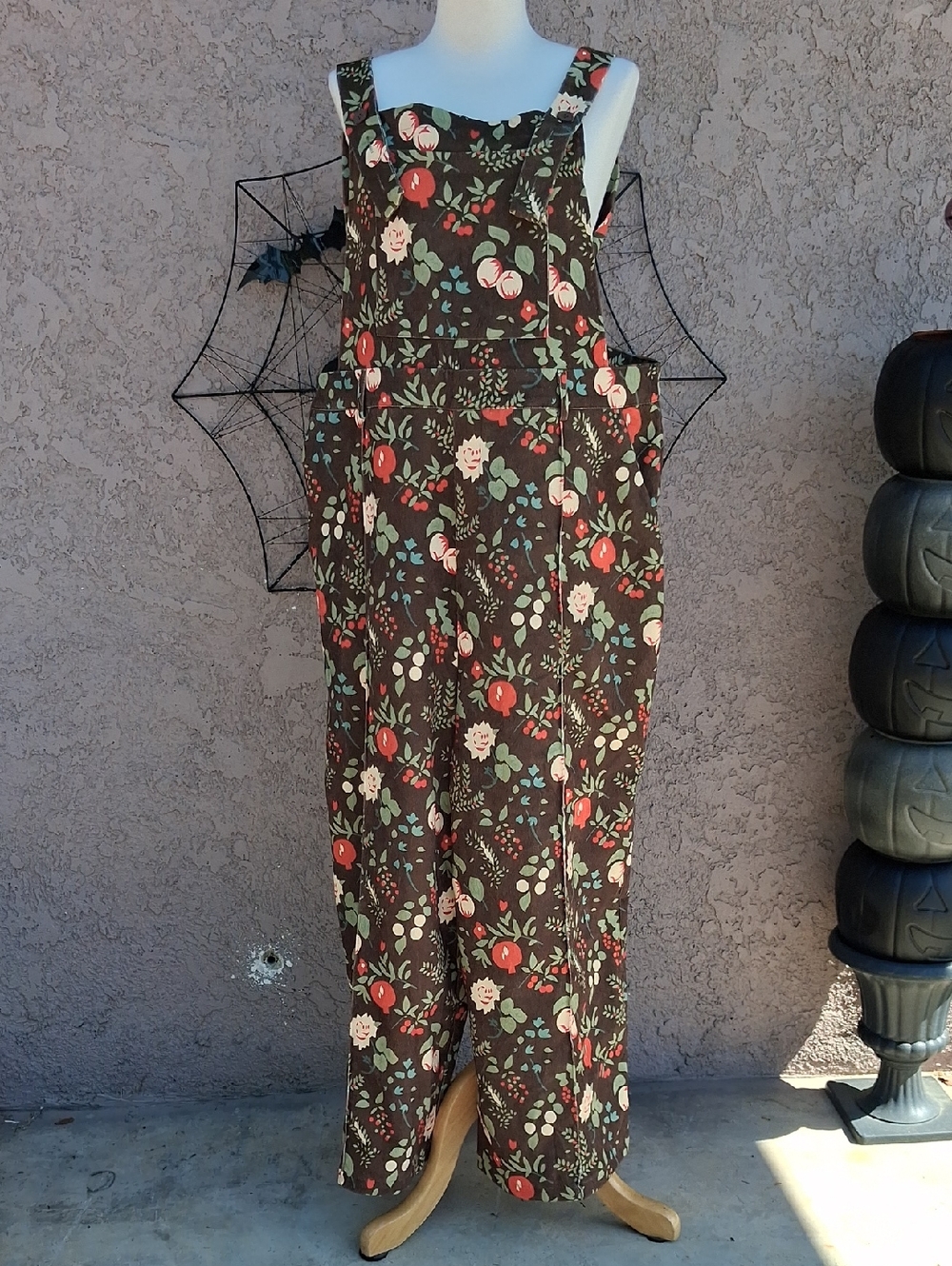 Cider Brown Floral Overalls with Red and Green Accents